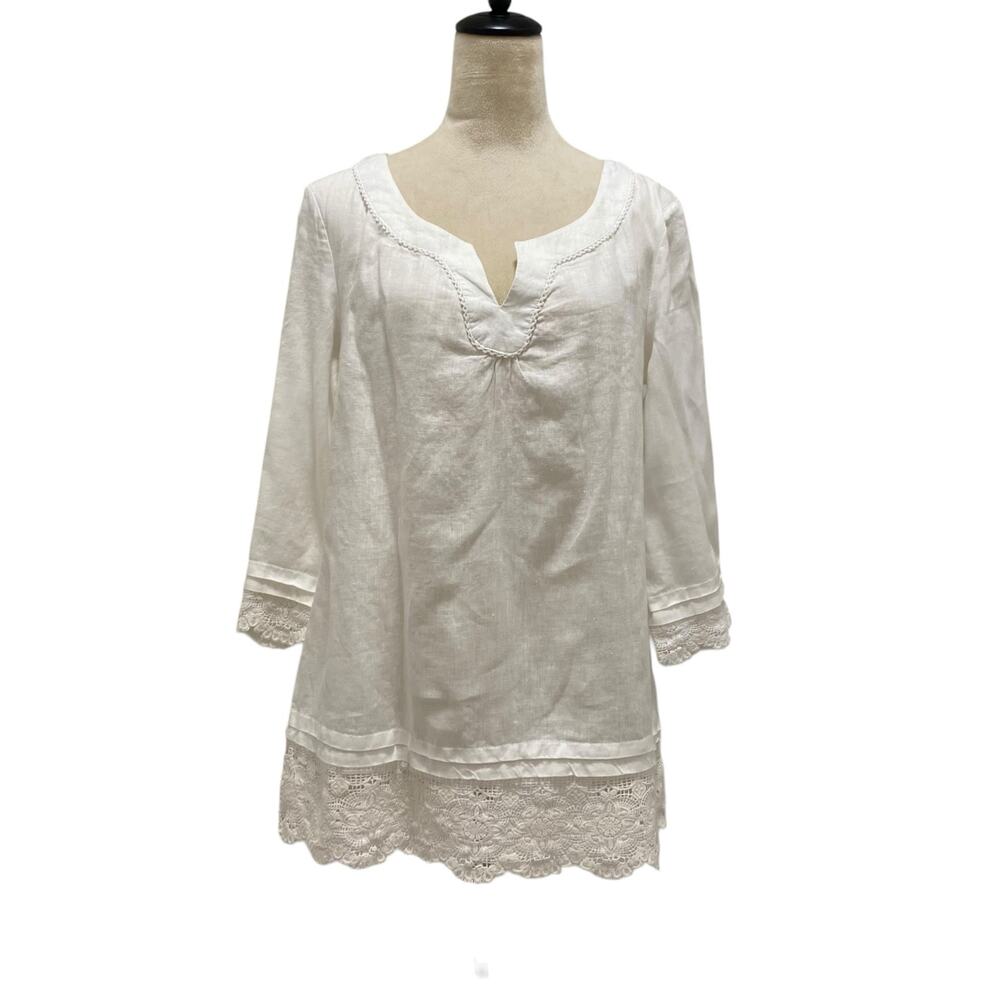 Saint Tropez West Sz Small Crochet Lace Linen Pop Over V-neck Tunic 3/4 sleeves